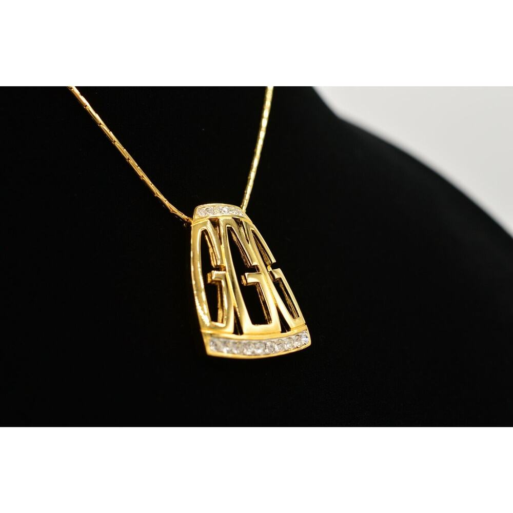 Givenchy Vintage Logo Pendant Necklace G Crystal Gold Signed NOS 80s 1980s Bin8 - Picture 2 of 12